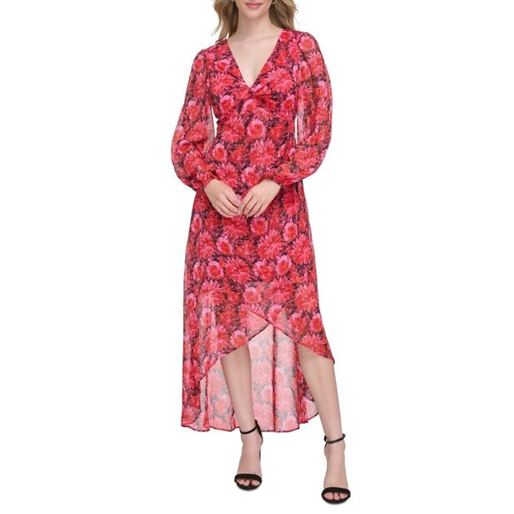 Guess Women's Floral-Print Faux-Wrap Dress Midi Dress, Dark Pink , Size 8 - Picture 1 of 8